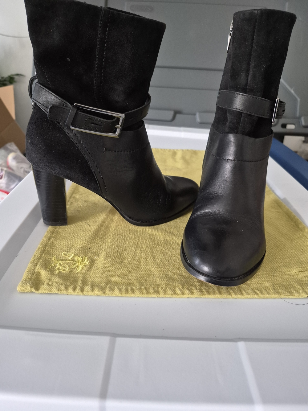 Clarks Black Leather & Suede Mid-Calf Heeled Boots with Buckle